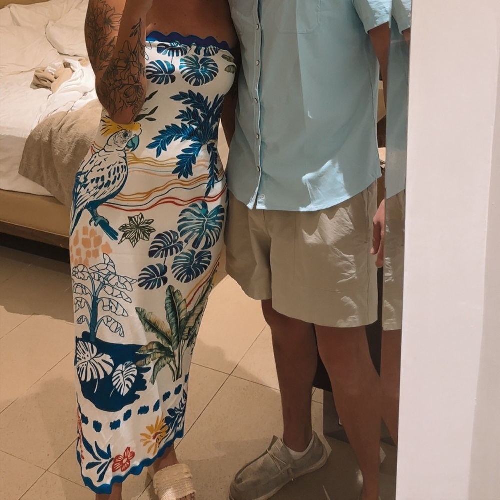 Tropical Print Strapless Dress